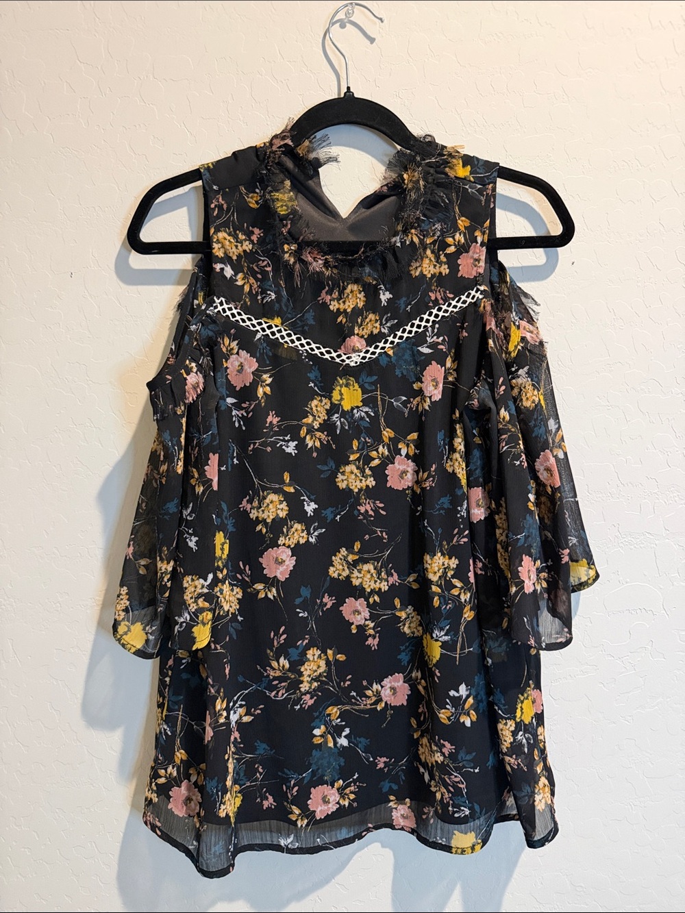 Black Cold-Shoulder Floral Blouse